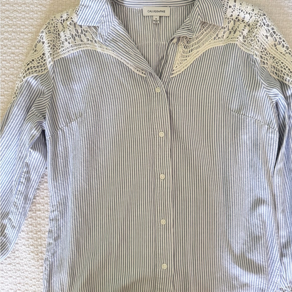 Women's Striped Lace Blouse - Blue and White